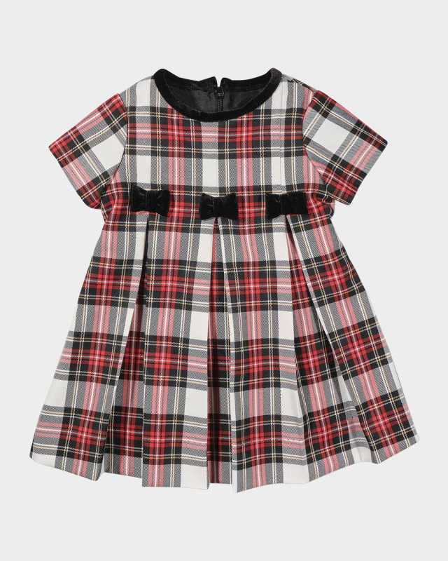 Girl's Velvet Bow Plaid Dress, Size 4T-